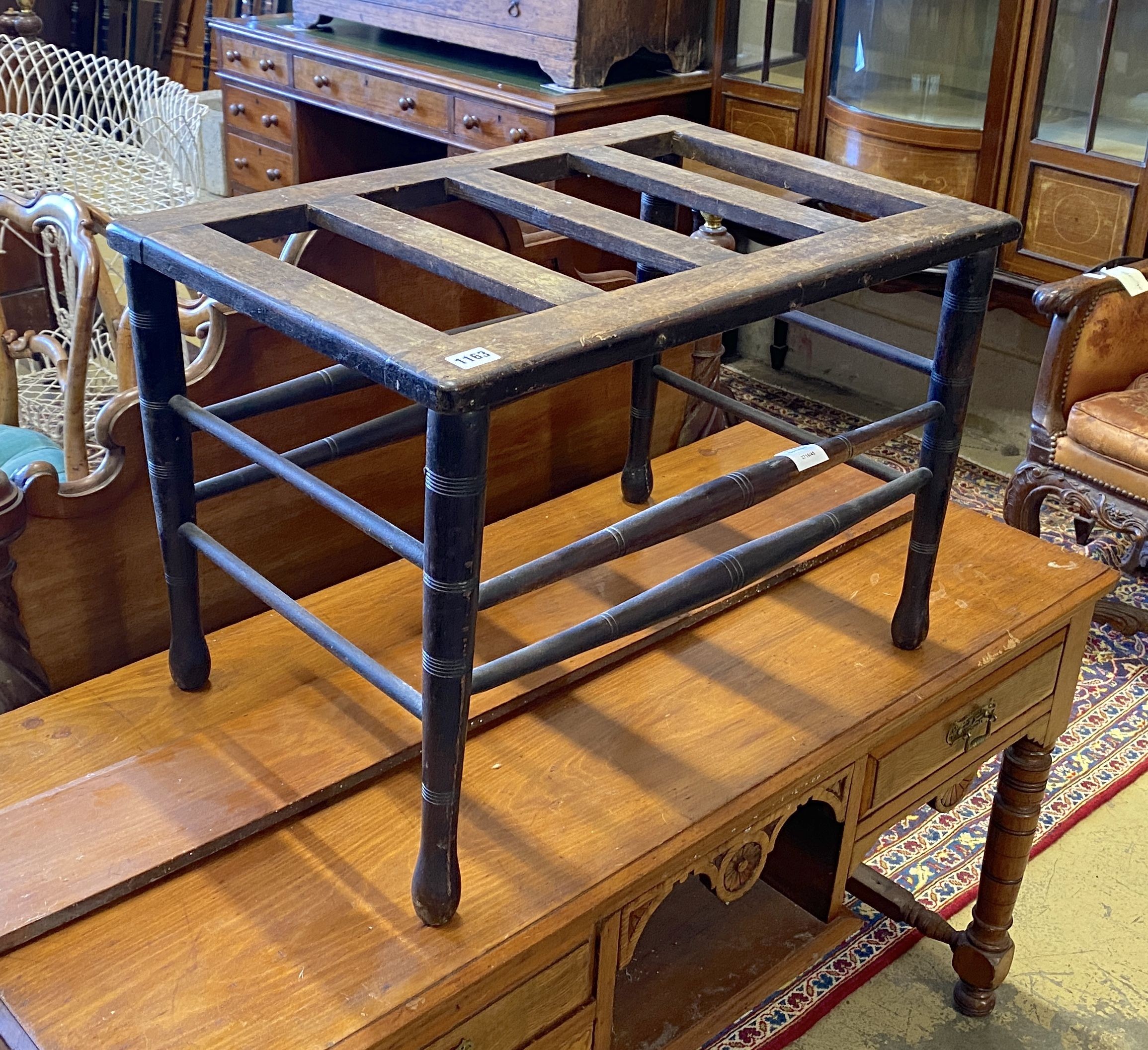 A Victorian mahogany turned and ebonised luggage stand, width 66cm, depth 44cm, height 45cm